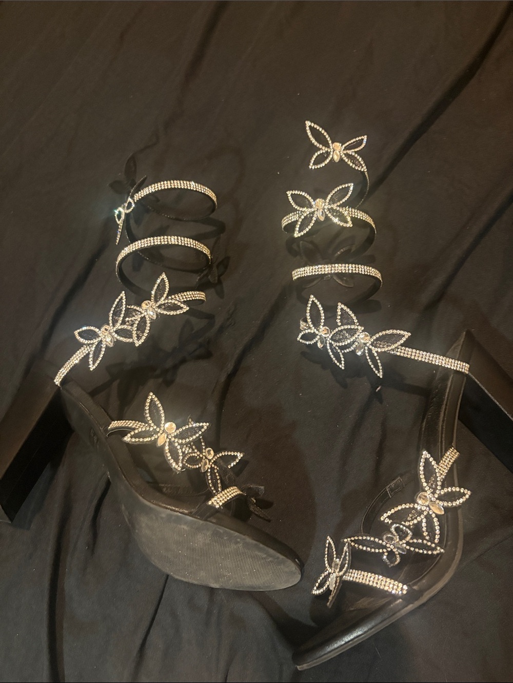 Black Strappy Heels with Crystal Butterfly Accents